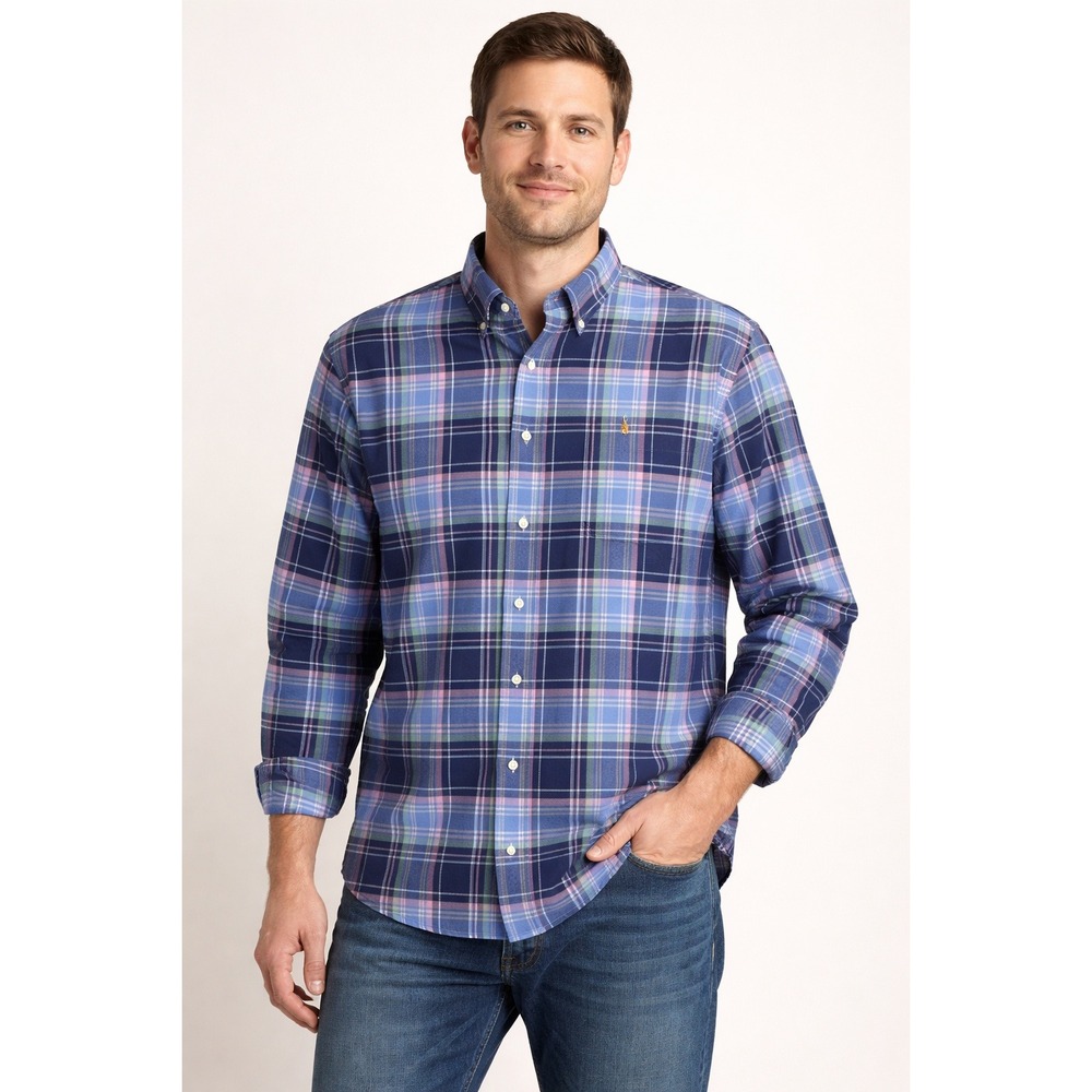 Ralph Lauren Mens Long Sleeve Button Front Plaid Shirt XL Blue Pink Green Easter